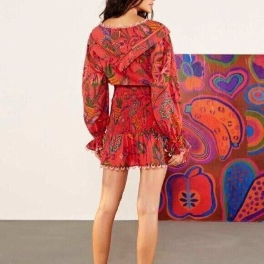 FARM Rio Mini Dress M  Tapestry Tropical Smocked Ruffle…Blush Pink Sunset - Picture 3 of 16